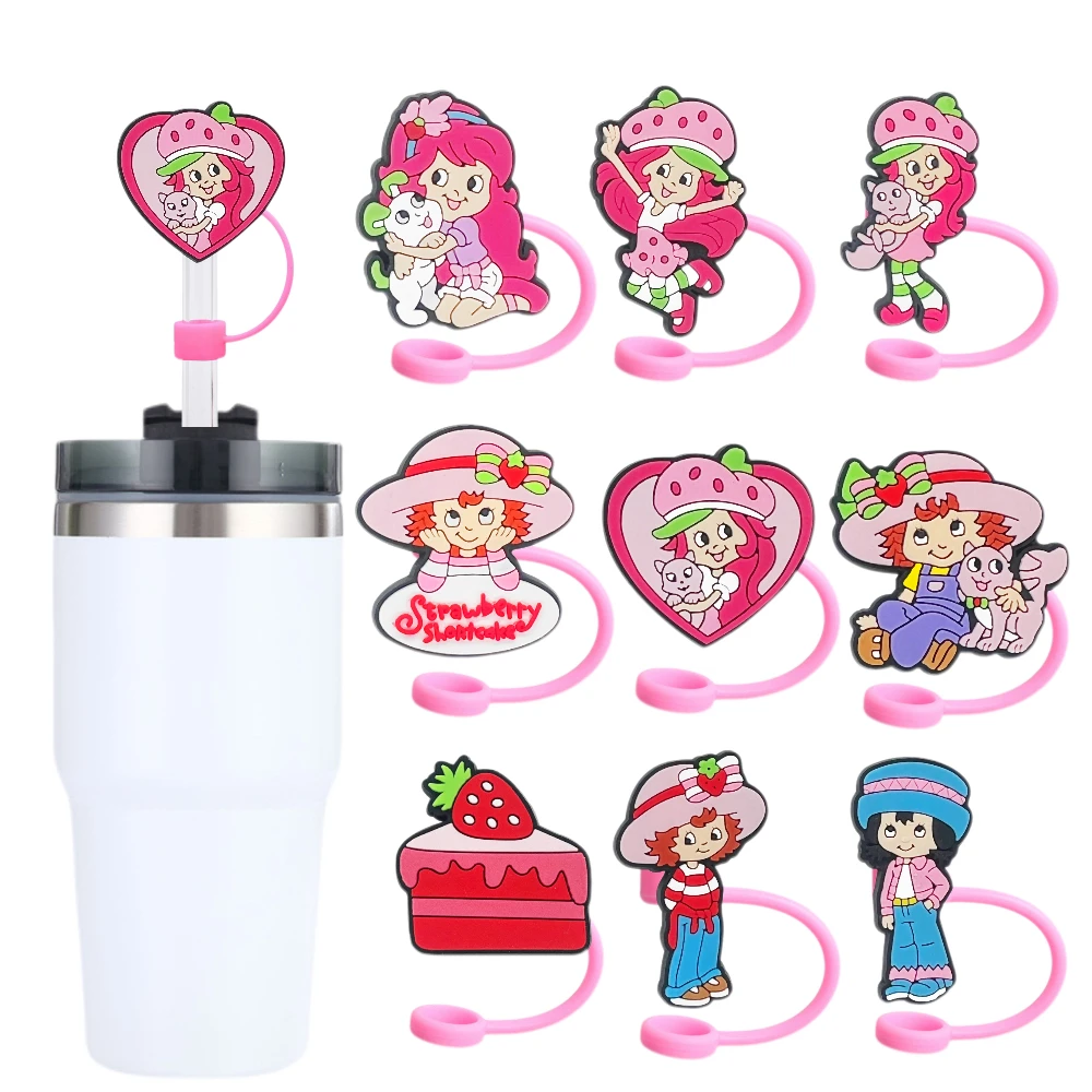 

5/9pcs strawberry girl Straw Cover Cap 10MM Drink Straw Plug Reusable Splash Proof Fit Cup Accessories Straw Cap Charms Pendnt