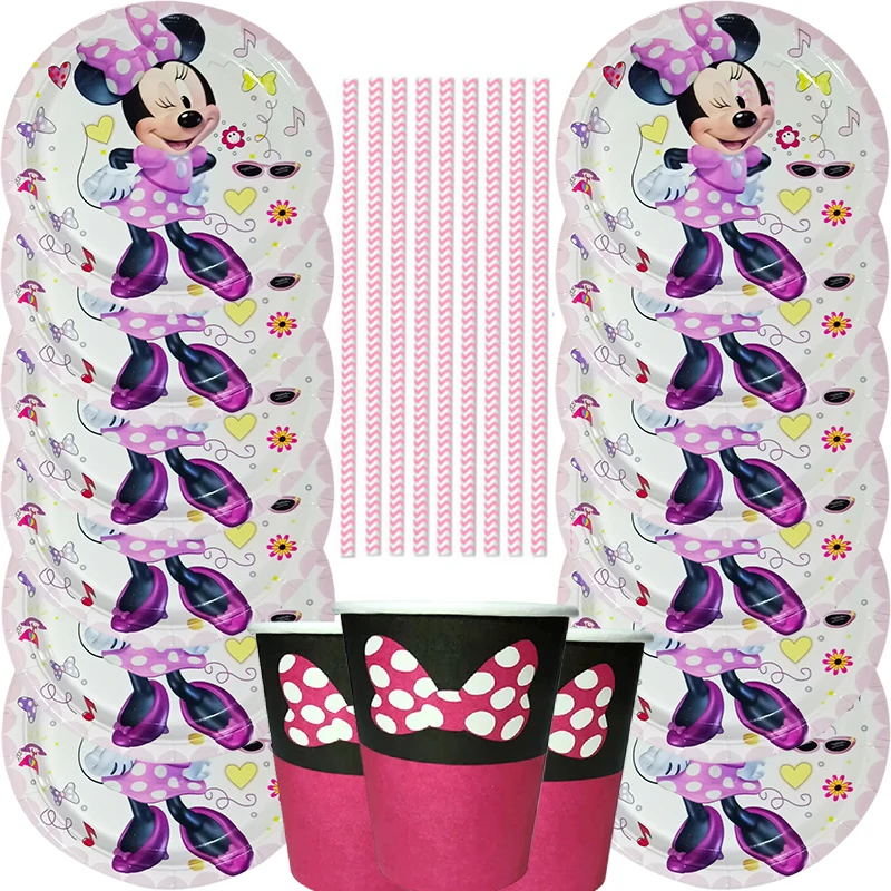 

57pcs/Disney Pink Wave Minnie Mouse Baby Shower Party Supplies Cups Plates Straw Kids Girls Birthday Party Decorations Set