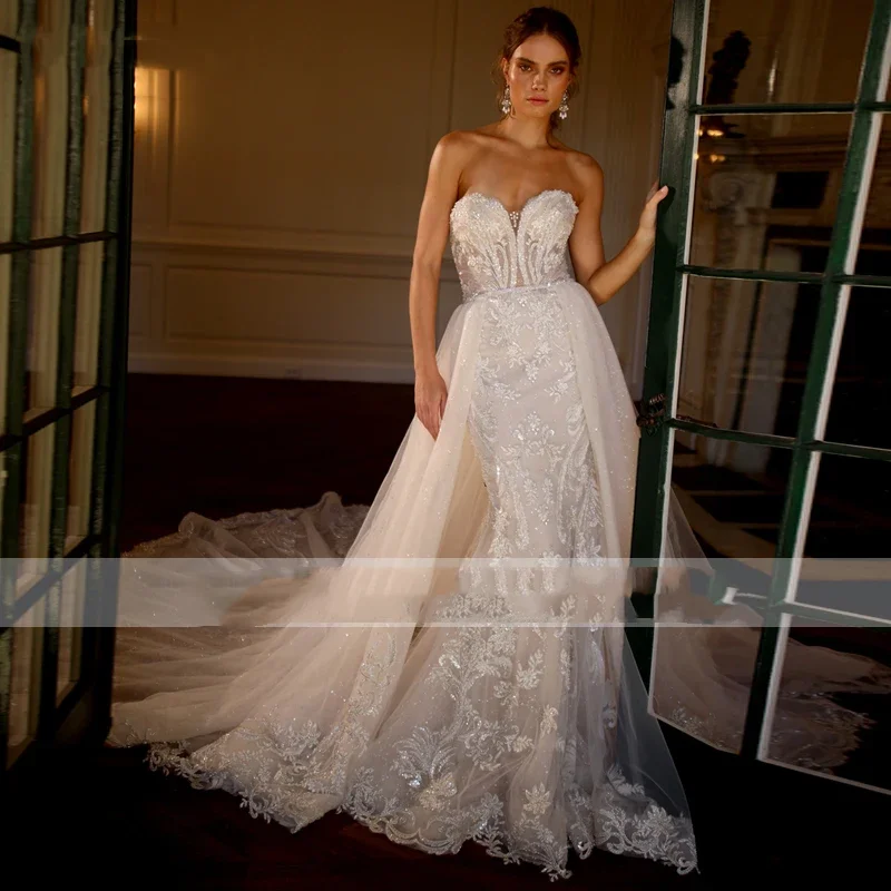 

Свадебное платье Flavinke на заказ без бретелек с молнией, фасон «русалка», с бисером и аппликациями, со съемным шлейфом, Vestidos De Novia