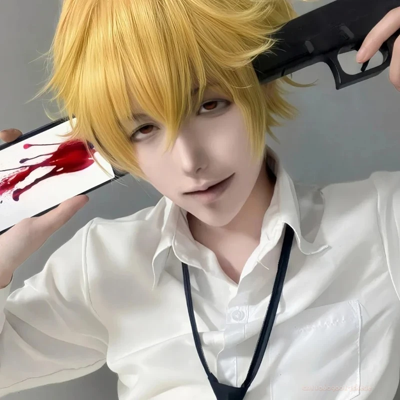 أنيمي بالمنشار دينجي شعر مستعار تأثيري الرجال النساء الذهبي الشعر القصير مقاومة للحرارة شعر مستعار اصطناعي هالوين الدعامة الطرف