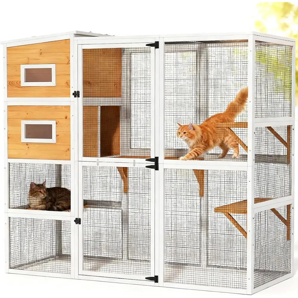 

4-Tier Outdoor Cat Enclosure with Balcony Access, 3 Resting Areas, 3 Platforms, and 2 Doors