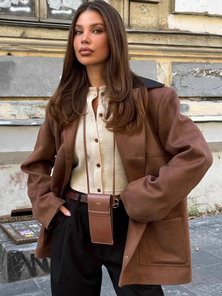 Autumn Casual Pocket Jacket Overcoat Female Retro Splicing Lapel Loose Warm Commute Outwear 2025 New Women's Jackets Coat