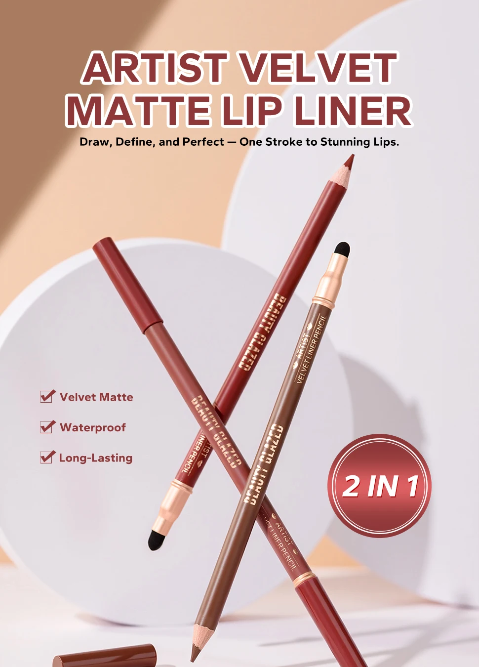1 szt. Beauty Glazed Artist Velvet Lipliner Pencil z pędzelkiem z gąbki, bezwaga, precyzyjna kredka z super miękką, mieszalną teksturą