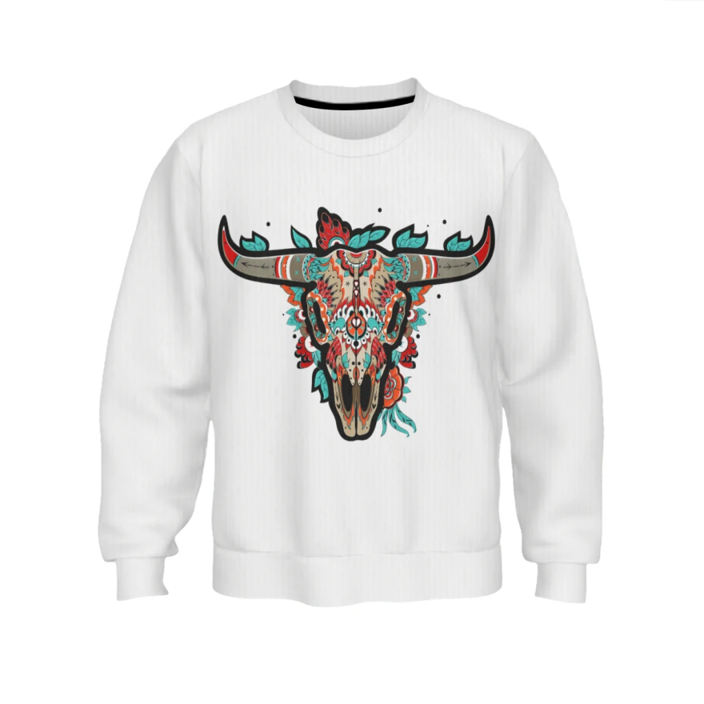 

Western Sugar Mexican Skull Colorful Ornate Design Horned Animal Trophy Turquoise Pullover Sweatshirt