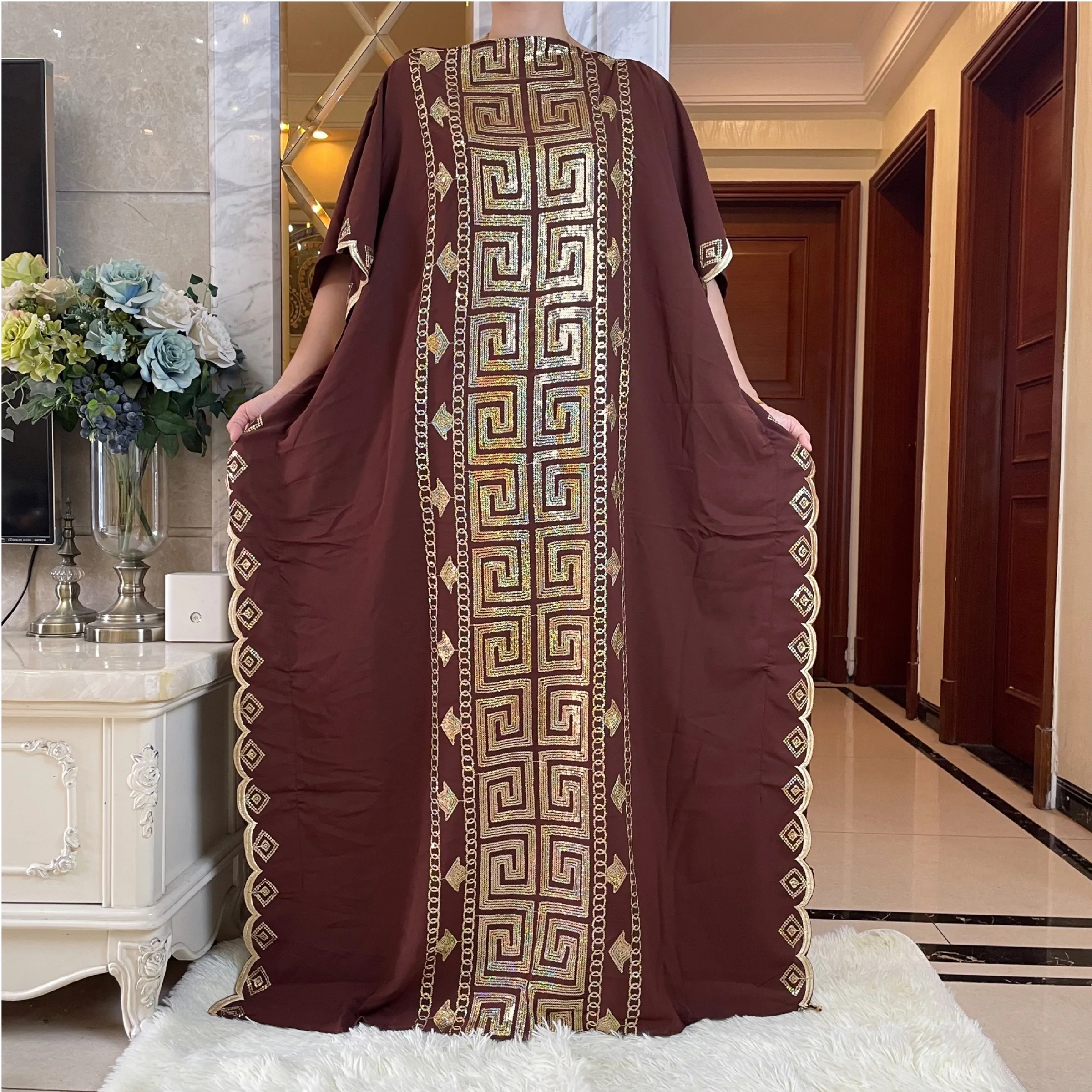 African Women Dress Sequin Embroidery Dubai Femme Luxury Muslim  Abaya For Women Kaftan Islamic Clothing Wth Scarf DR014