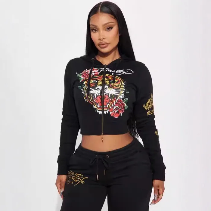 Comfortable Fashion Streetwear Casual Printed Zipper Hooded Two-piece Set High Waist Long Sleeve High Season Versatility
