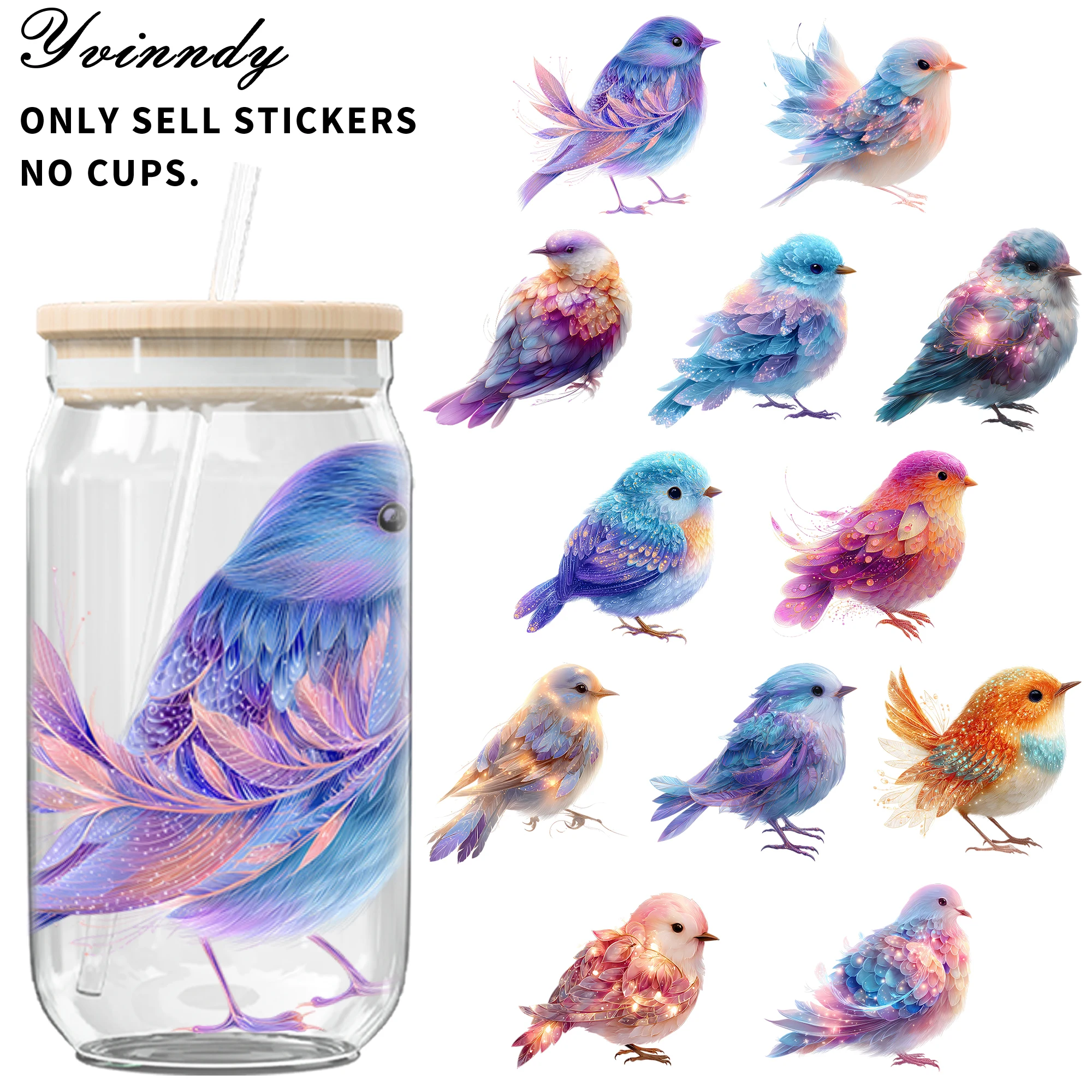 5 Stück/Set glitzernde und transparente Vogel-UV-DTF-Transferaufkleber, DIY-Bastelsets mit Kristalletiketten, 16oz Glasbehälter-Wickelaufkleber