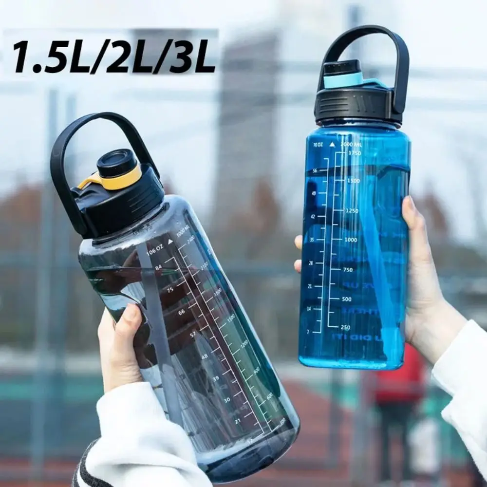 Portable 1.5L/2L/3L Sports Water Bottle Leakproof Large Capacity Clear Drink Bottle with Time Marker Lightweight Water Jugs