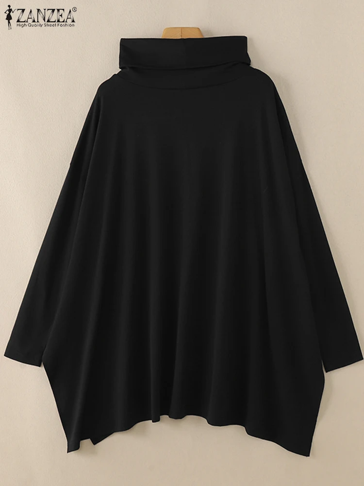 ZANZEA Moda donna Asimmetrico Collo alto Tees 2025 Vintage Manica lunga Solid T-shirt Vacanza Autunno Top lavorato a maglia Blusas