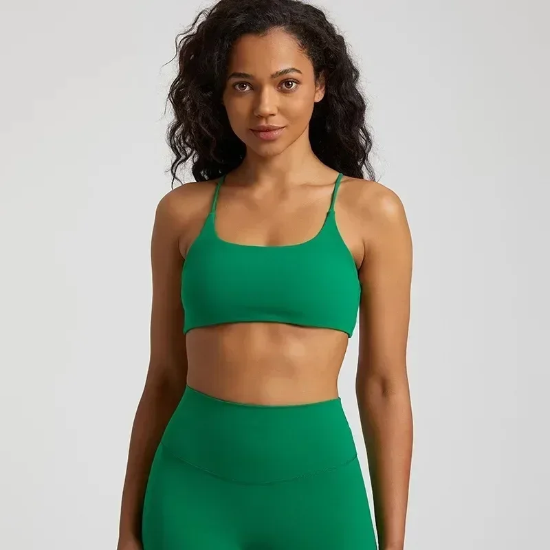 Citron-Soutien-gorge de sport à col rond pour femme, haut croisé dans le dos, coussin de poitrine, fitness, yoga, entraînement, jogging, haute résistance