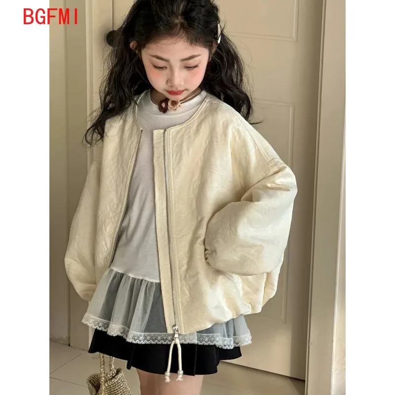 4-14Y Girls' Beige Outerwear Spring Autumn 2026 New Jacket Baseball Jacket Loose Fitting Clothes for Middle-aged and Young Girls