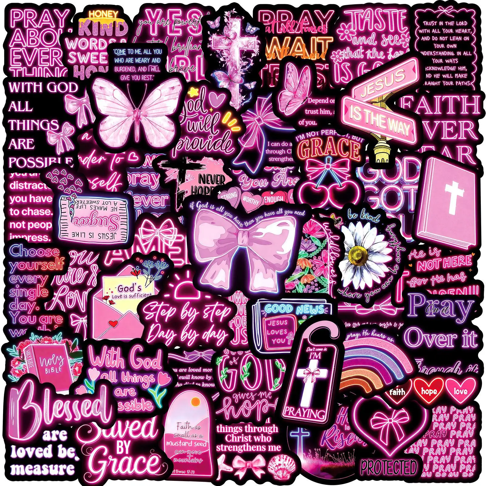 50 autocollants roses Jésus Bible, autocollants vinyle motivants et imperméables pour ordinateur portable, coque de téléphone, carnet, bouteille d'eau, autocollants DIY