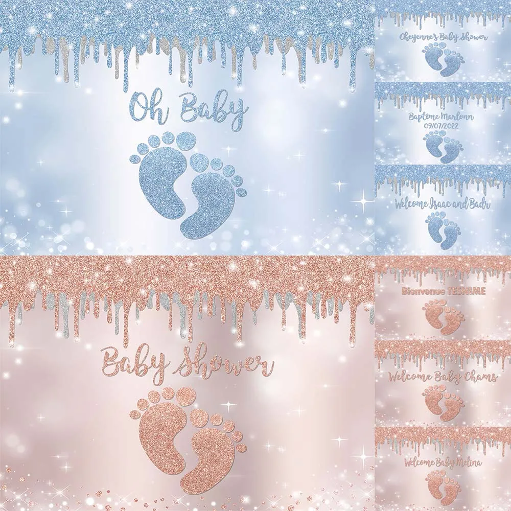 

Glitter Blue Rose Gold Oh Baby Shower Backdrop Newborn Footprint Welcome Party Photo Background Baby Baptism Custom Banner Decor