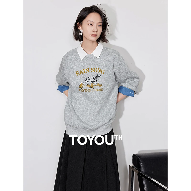 TOYOUTH Women Hoodies 2024 Autumn New Puppy Print Lazy Style Round Neck Pullover Tops