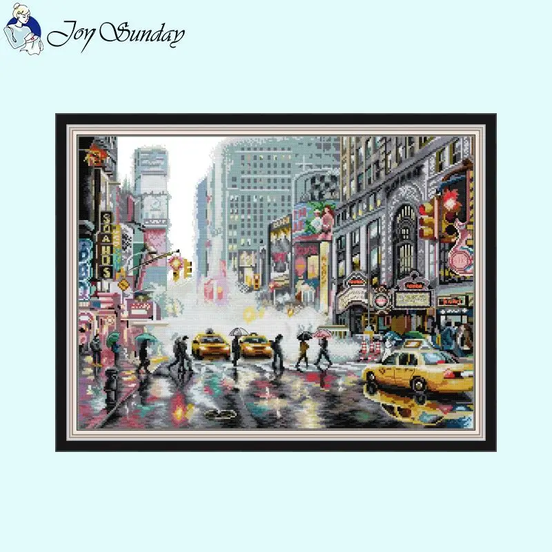 Joy Sunday City Street Series Cross Stitch Kit Aida 16ct 14ct 11ct White Fabric Printed Set DIY Embroidery Set Home Decor Crafts