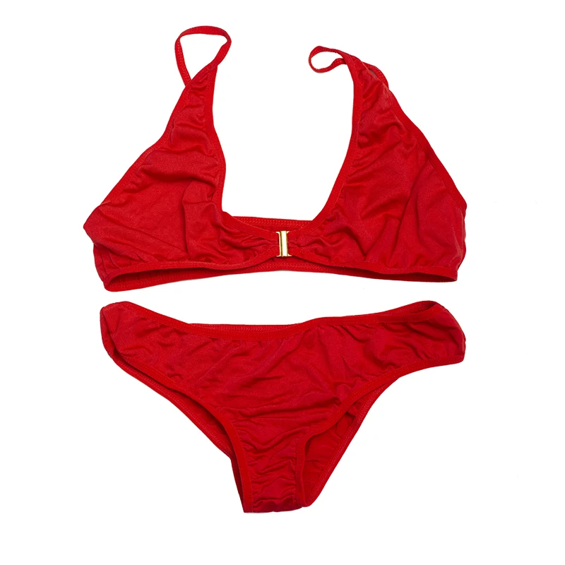 Solid-colored gold buckle sexy bikini split swimsuit set beach vacation swimsuit high-waisted swim pants (thin fabric) view 3