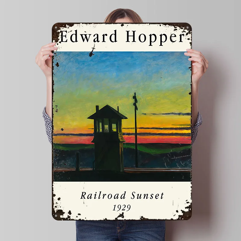 Edward Hopper's Railroad Sunset Painting Tin Poster Customized Wall Art Retro Vintage Metal Signs for Fans Room Bar Accessories