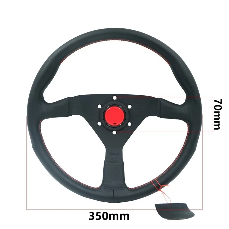 14 Inch Leather Racing Steering Wheel Flat Red Double Stitch 3 Spoke 70mm PCD Universal Modified Race Drifting Auto Car Interior