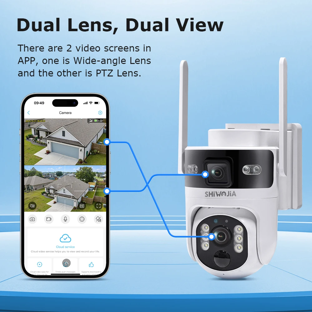 SHIWOJIA 60X 4G/WIFI Solar Camera Dual Screen Outdoor Security PTZ Two Way Audio Night Vision Camera IP65 Waterproof