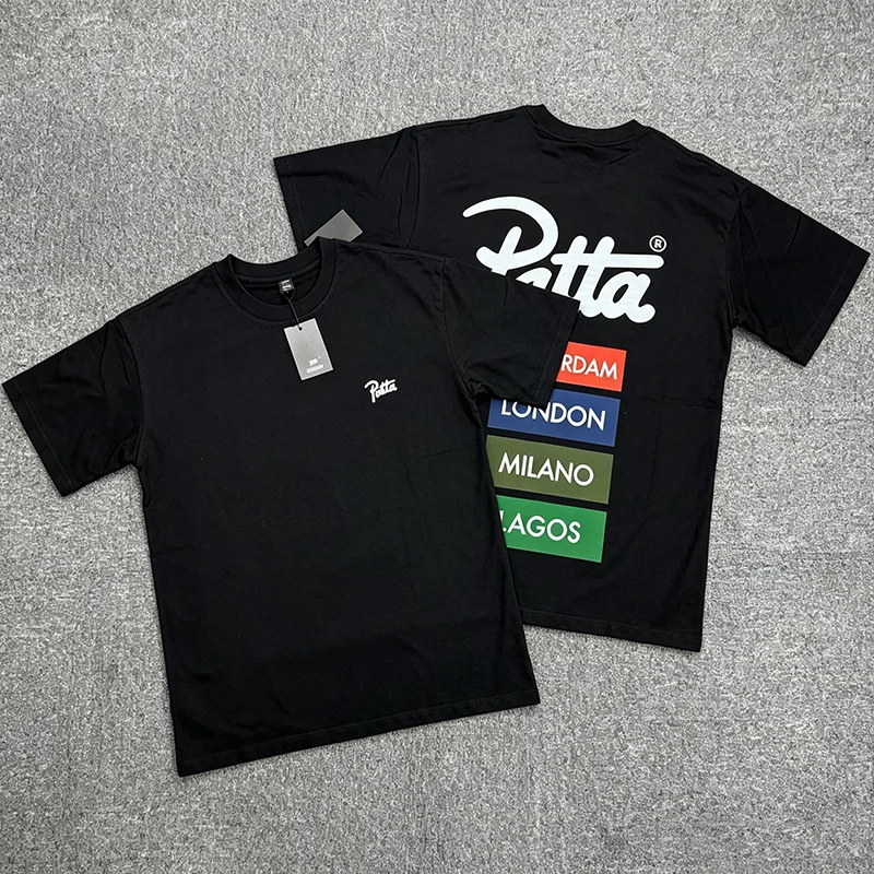 Summer New PATTA Men T-Shirt, Minimal Solid Black Back Large Script Patta Logo Multi Color Block City Short Sleeve