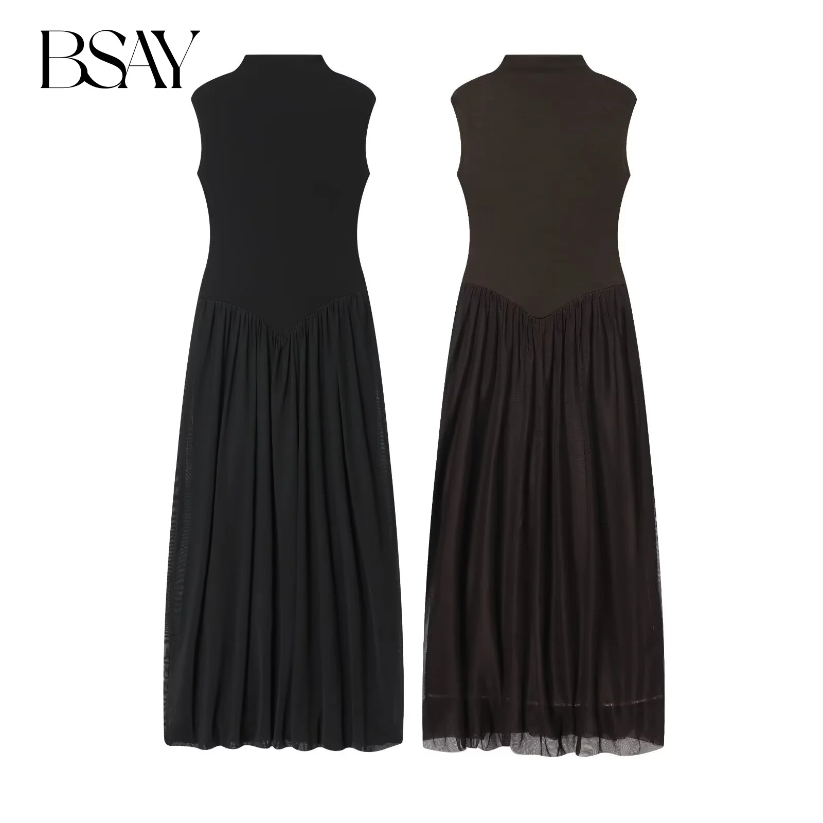 BSAY Braune lange Mesh-Spleißkleider 2025, Herbst, neues, schickes französisches, elegantes, ärmelloses Westenkleid mit Reißverschluss hinten für Damen