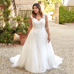 Customized Ivory Wedding Dresses Plus Size V Neck Sleeveless Bride Gowns Woman Appliques Sweep Train A-Line Vestidos De Novia