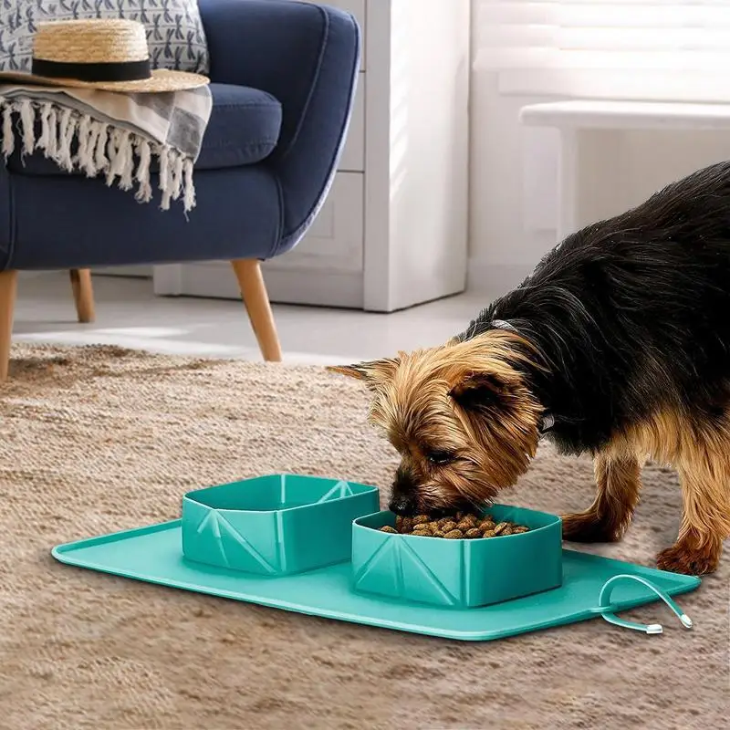 1-piece 2-in-1 foldable pet dual bowl Collapsible Non-toxic Dog feeding bowl portable Silicone dog cat drinking bowl for hiking