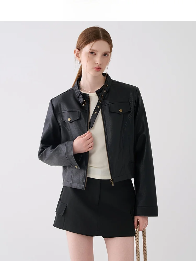 레트로 지우지우 모터사이클 스타일 가죽 재킷 여성용 2026년 봄 신상 지퍼 스트레이트 튜브 롱 슬리브 스탠드 칼라 코트