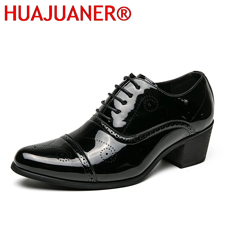 New Dress Leather Shoes Men High Heel Pointed Toe Brogue Wedding Shoes Height Increase Formal Career Work Jazz Dance Shoes