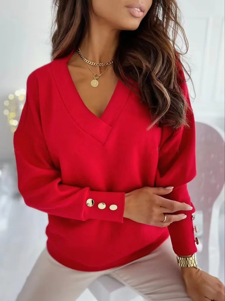 Sweater Top Women Casual Pullover Jumper Button V Neck Solid Color Long Sleeve Office Lady 2025 Spring Knitting Tops Knitwear - Image 6