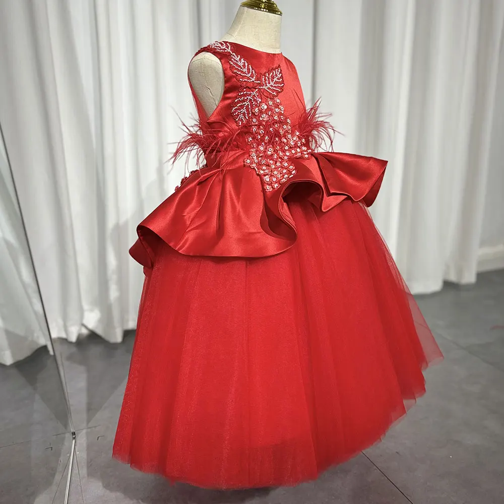 White Ball Gown For Girl Dress  Kid Wedding Birthday Elegant Appliques Beading Red First Communion Party 2025