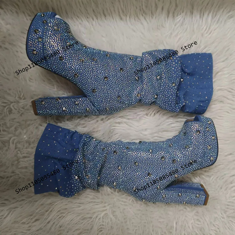 

2025 Jeans Pleated Short Boots Rhinestone Round Toe Silver Sequin Boots Punk Platform Heel Boots 35-44 Thick Soled Shoes