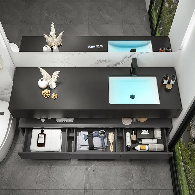 Rock slab hot bending integrated basin bathroom cabinet combination rock slab seamless ceramic basin hotel washbasin wash basin image 4
