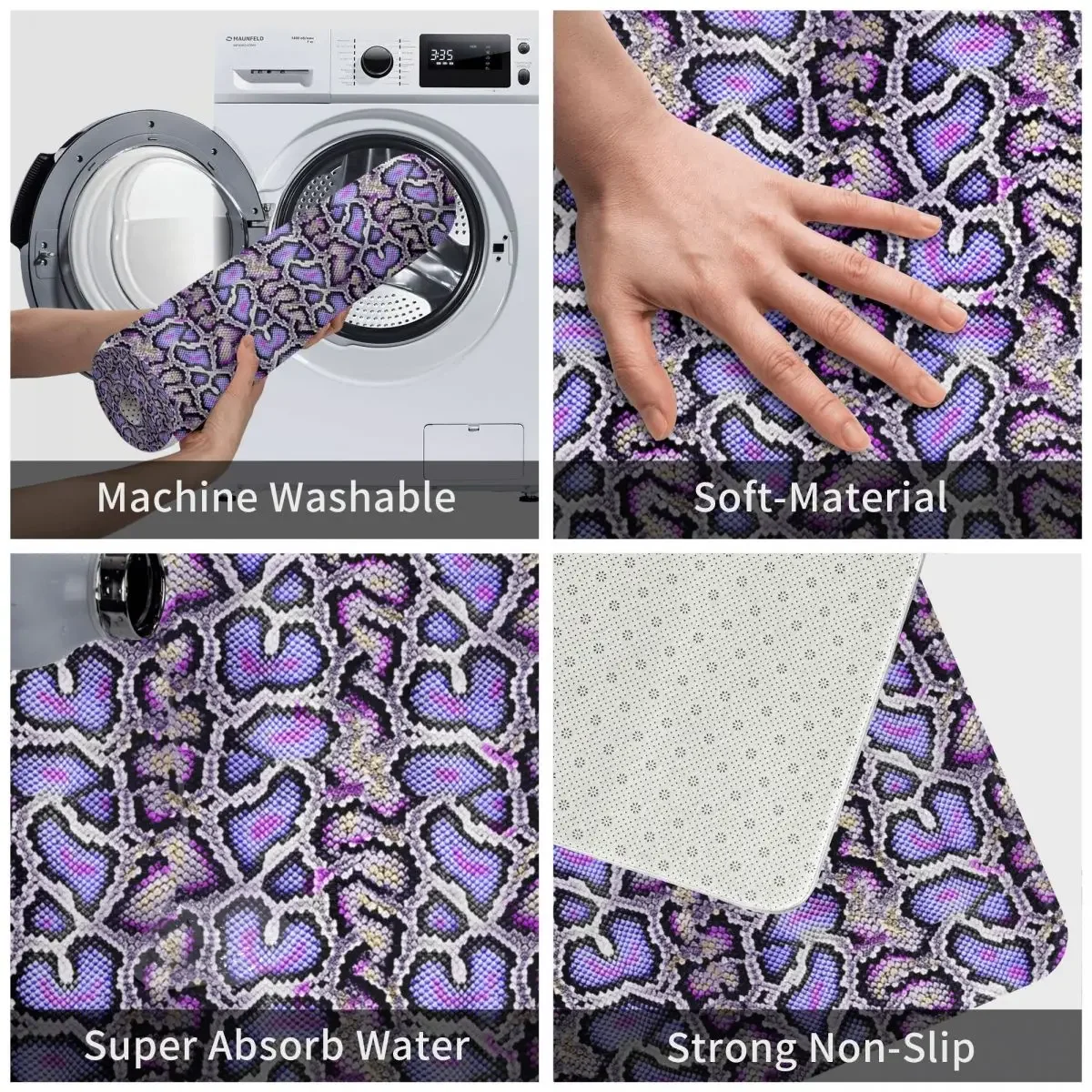 Purple Python Snake Skin Bath Mat Super Absorbent Doormat Non Slip Rugs for Door