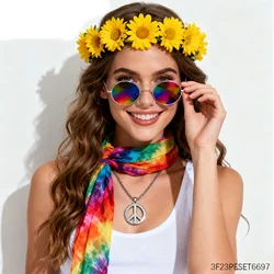 PESENAR 7 Pcs Hippie Costume Set Peace Sign Necklaces Flower Headband Hippie Sunglasses Tie Dye Headband 60s Hippie Accessories