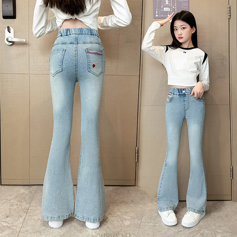 Child Slim Close-fitting Heart Pattern Flared Jeans For Girls Elegant Boot Cut Denim Leggings Pants Kids Fashion Jeans Trousers