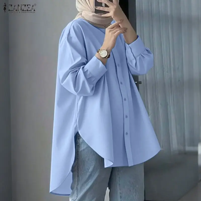 Fashion Women Shirt 2026 ZANZEA Muslim Blouse Autumn Spring Lapel Neck Long Sleeve Tops Solid High Low Work Shirt Mujer Oversize