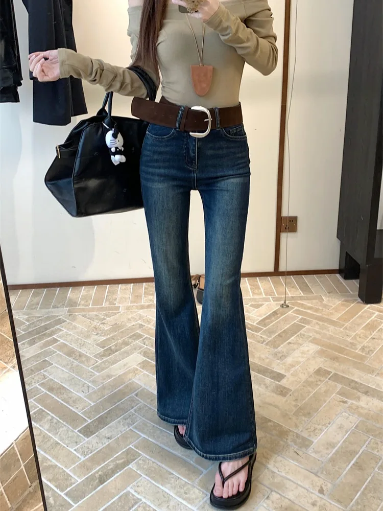 

American Retro High Waist Slim Fit Straight Leg Jeans Women's Casual Pants Spring Design Sensation High Elasticity Bell Bottoms
