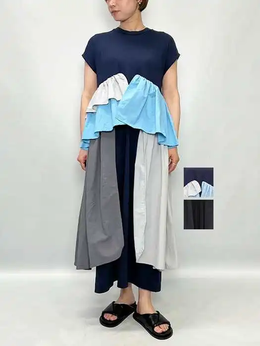 Women Oversized Loose Patchwork Midi Dress Multi‑Color Asymmetrical Layered Ruffle Cap Sleeve Irregular Hem Casual Long Dress