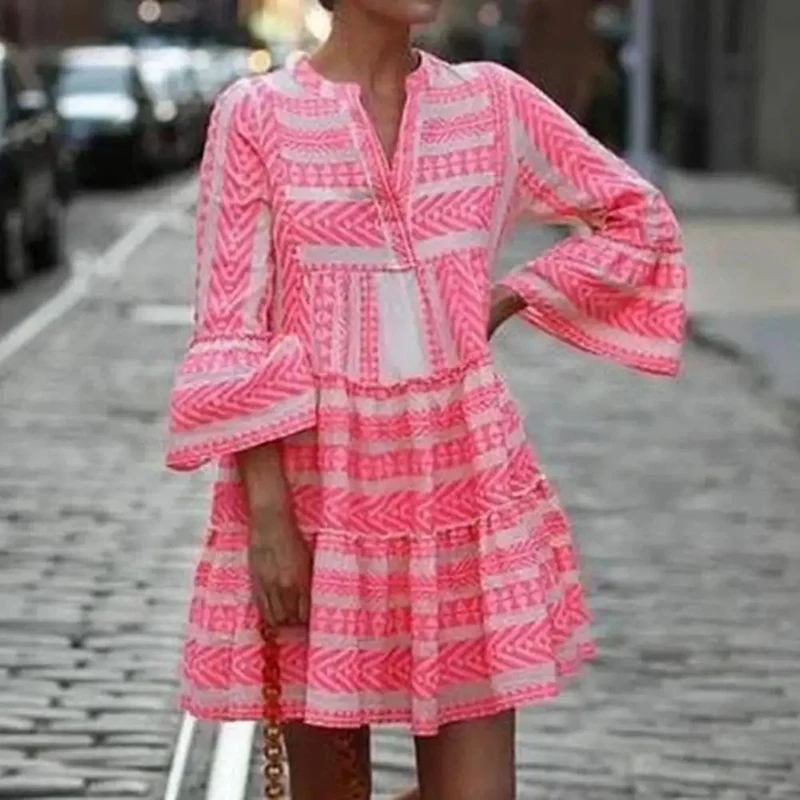 Vestido de verano de manga 3/4 con cuello en V para mujer, minifalda hawaiana con estampado bohemio, para playa y vacaciones