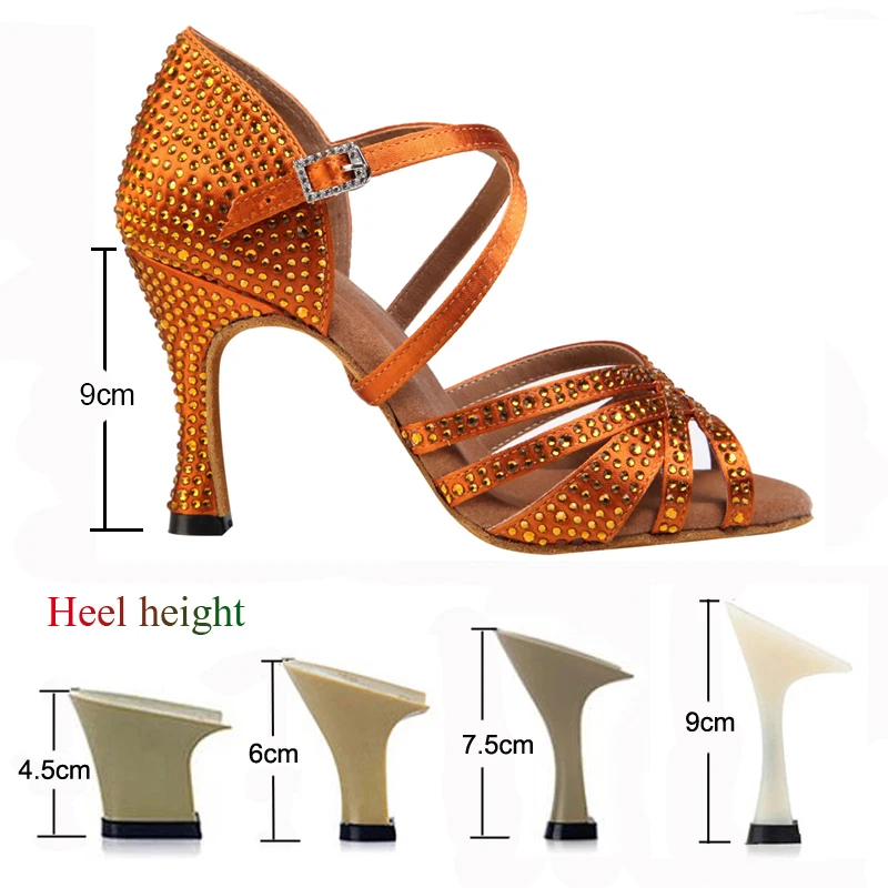 Latin Dance Shoes Women's Salsa Tango Ballroom Party Heels Bronze Rhinestone Summer Sandals Dance Sports Women's Shoes Outdoor