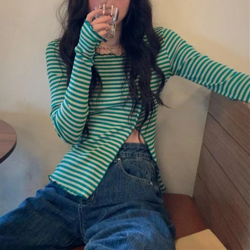 

Autumn Retro Long Sleeve Bottoming Shirt Women Korea Chic Design Slim Fit T-shirt Fashion Streetwaer Sweet Stripe Split Tops Y2k