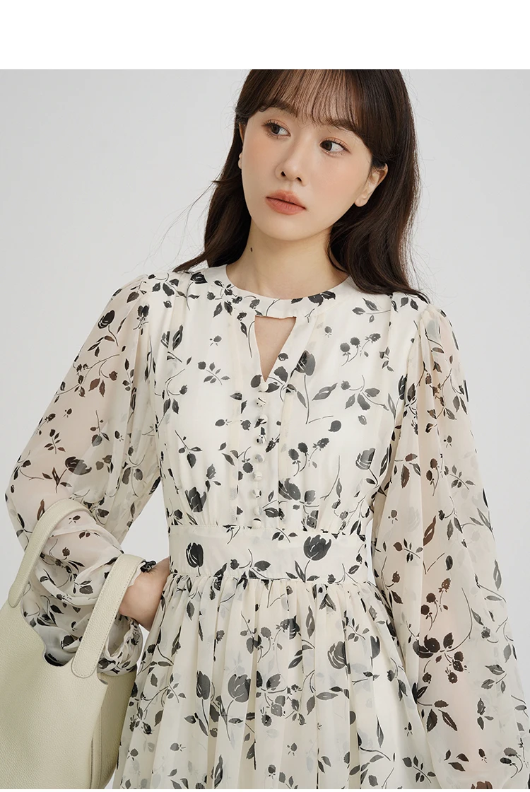 Floral Midi Dress Women Sweet A-Line Long Sleeve Hollow Out Dress Elegant High Waist Casual Long Dress Daily or Vacation Outfits