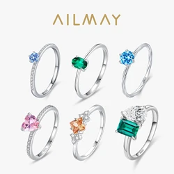 Ailmay Solid 925 Sterling Silver Elegant Heart Rainbow Colorful Zirconia Ring For Women Classic Wedding Engagement Fine Jewelry