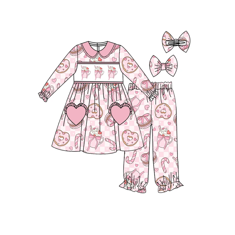 

Wholesale clothing long sleeve elastic plaid heart print trousers girls pajamas set Valentine's Day boutique children's set