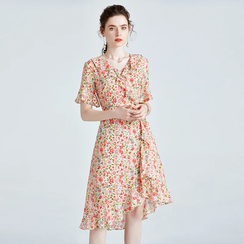 100% Real Mulberry Silk Dress Summer New Slim-fit Fashion Flora Printed Dress French Ruffled Short Sleeve A-line Real Silk Dress