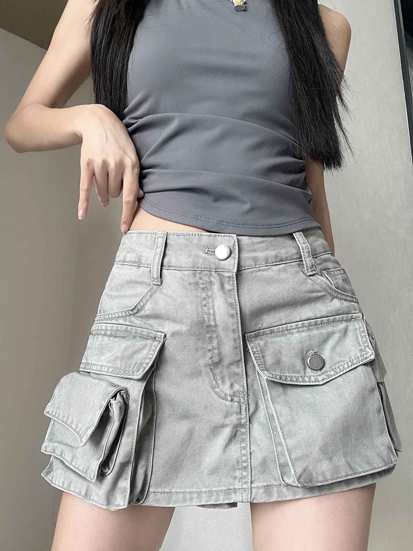 MianCun Heavy Duty Washed Vintage Short Skirt for Women with Big Pockets Workwear Style mid Waist Cotton Blend Skirt