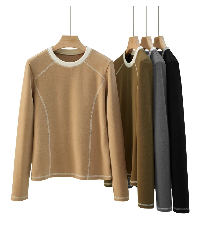Neues Damen-Langarm-T-Shirt mit O-Ausschnitt, Kontrastfarbe, helle Linie, Dekoration, lässige Passform, Top, Frühling und Herbst, warmes Fleece-T-Shirt