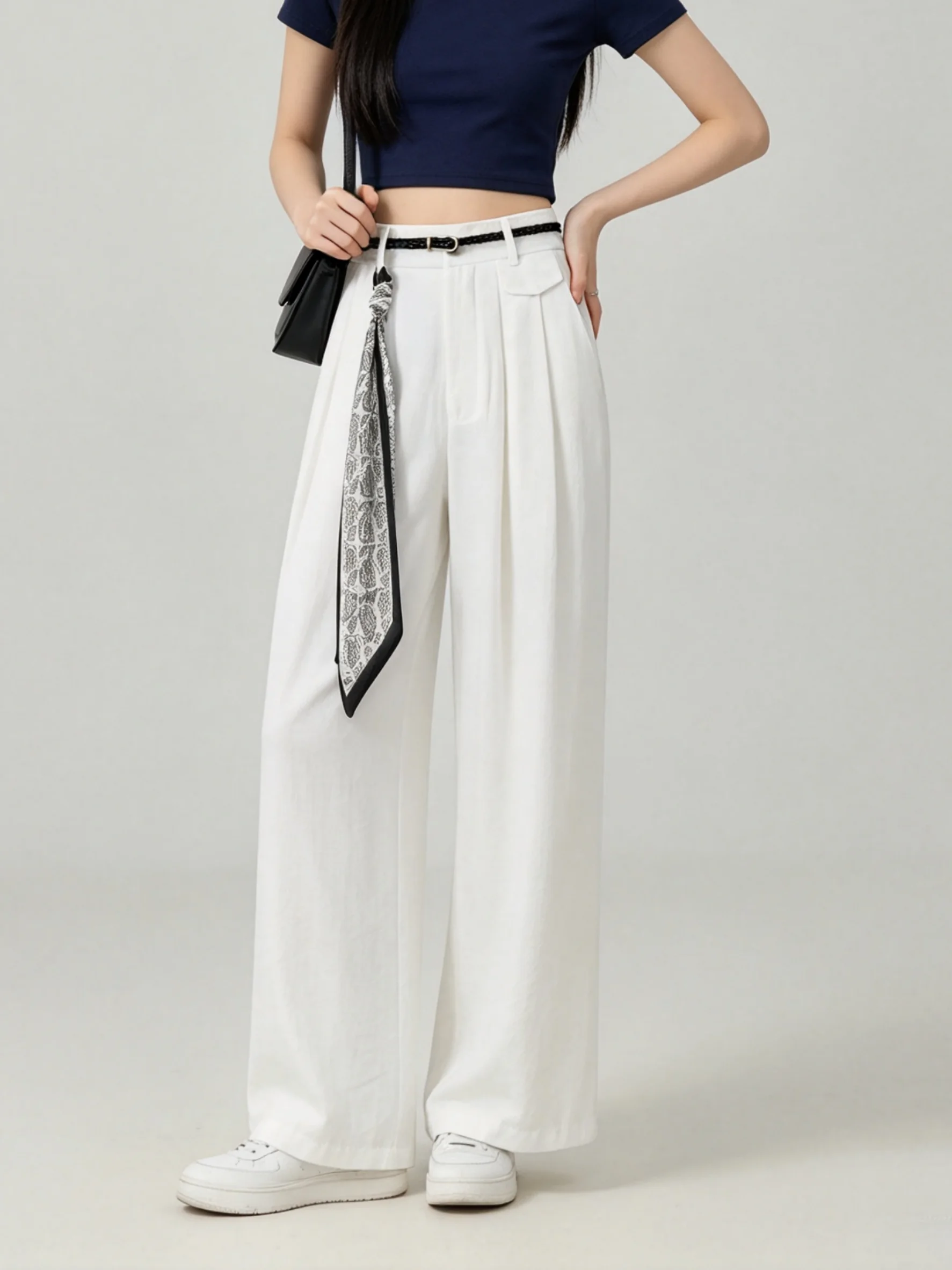 White Lazy Wide Leg Casual Pants High Waist Draped Slimming Korean Style Loose Fit Summer Commute Simple High Waist Zipper