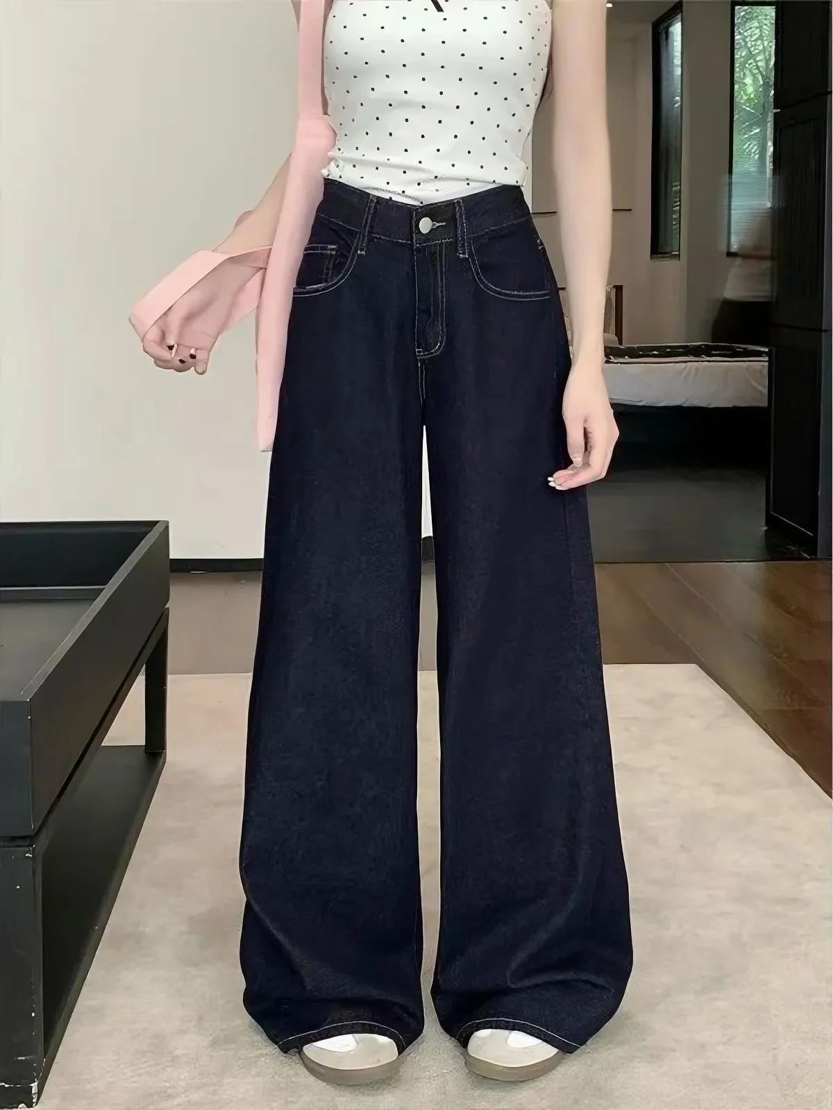Deep Blue Wide Leg Casual Pants Women's Spring Autumn Loose Slimming Student Loose Long Pants High Waist Denim Casual Trousers